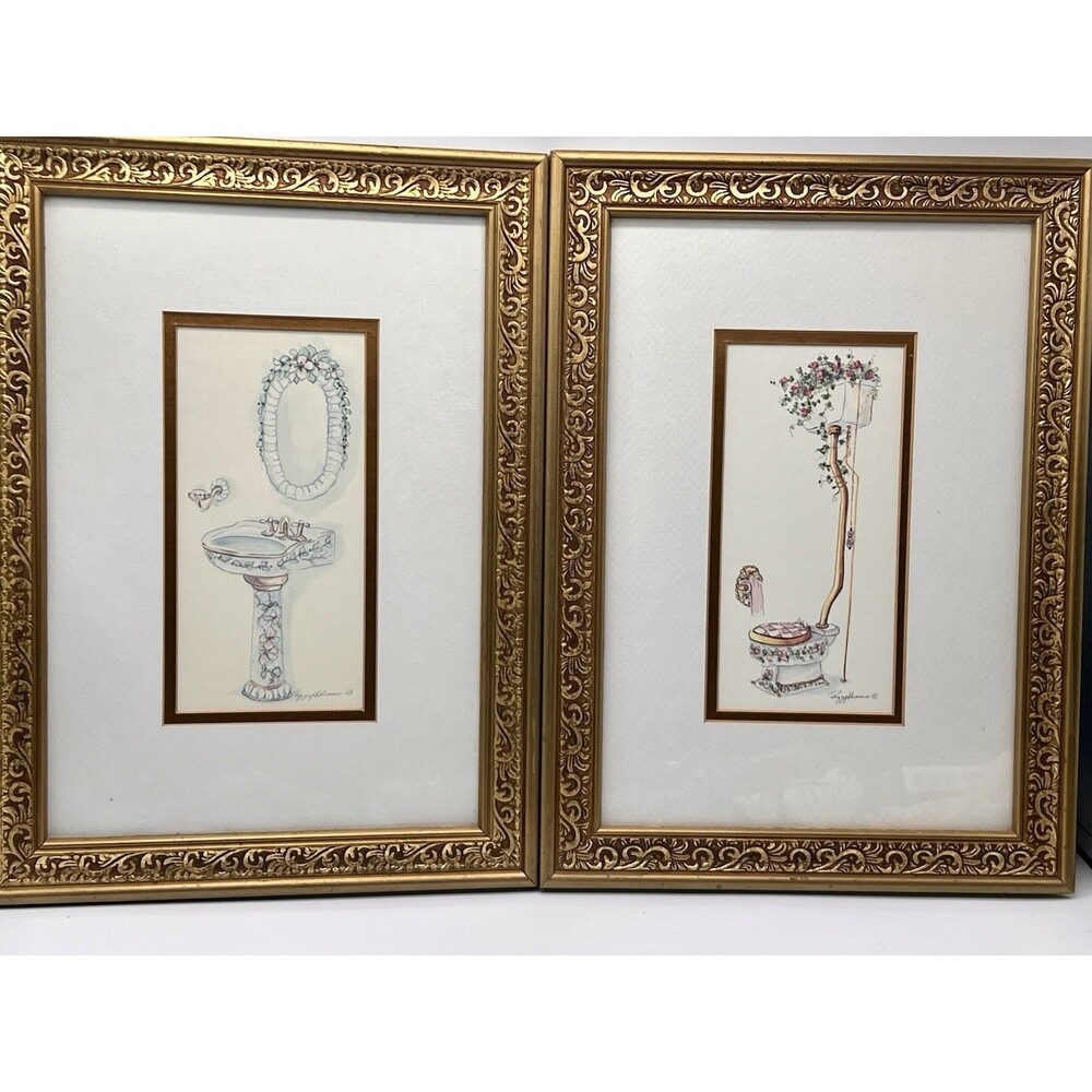 Peggy Abrams Signed Bathroom Art Prints Set of 2 Gold Frame Powder Room